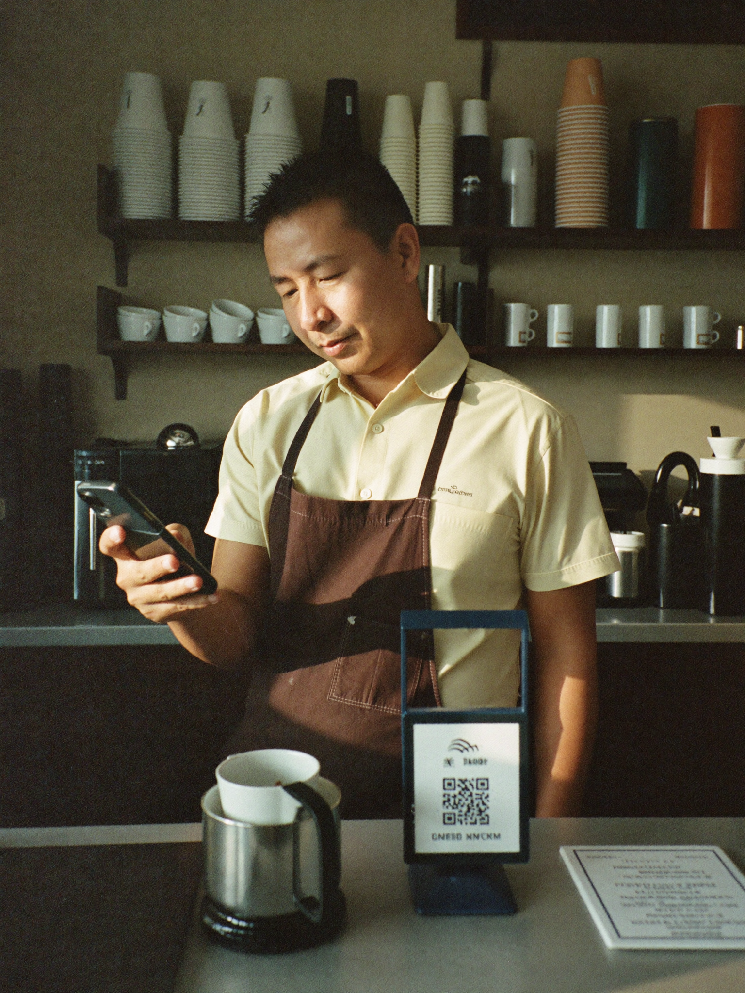 Owner checking their phone at the till, a draft waiting